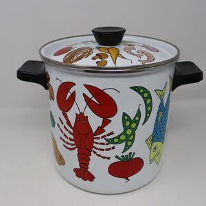 Vintage 70s San Ignacio Nantucket Metal Enamel Small Stock Pot w/ Steam Insert